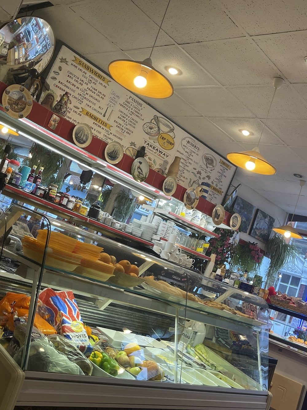 The chilled deli counter running down the room under warm pendant lights