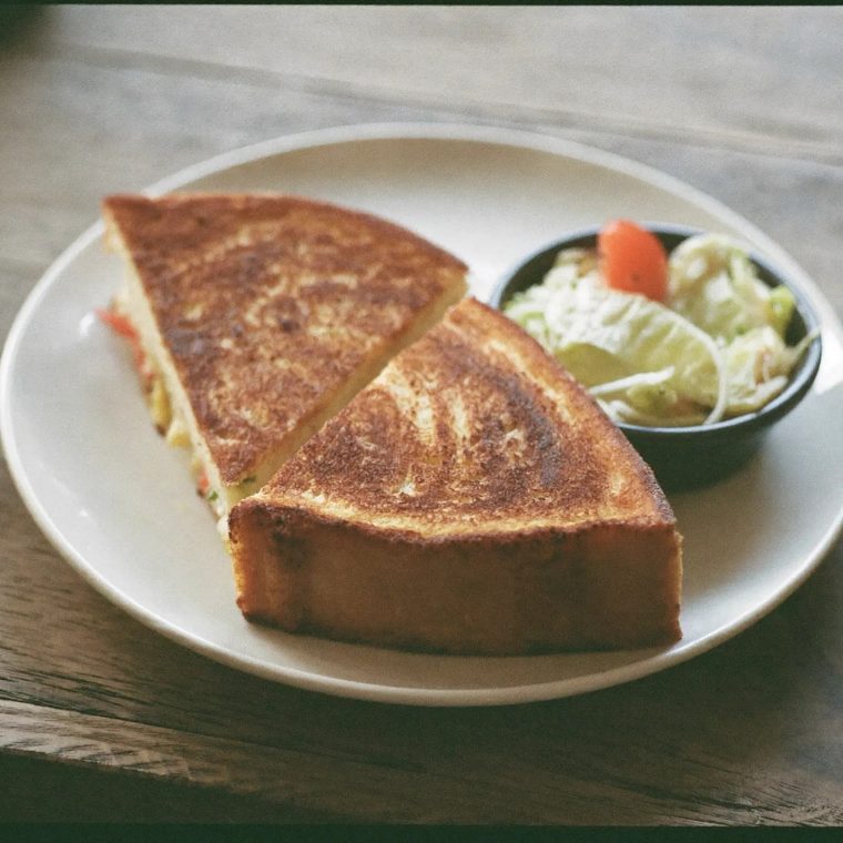 A toasted panini cut in half on a white plate with salad